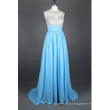 New Arrival Evening Gown Chiffon Beaded See Through Nude Back High Neck Key Hole Open Back Light Blue Formal Long Evening Dress